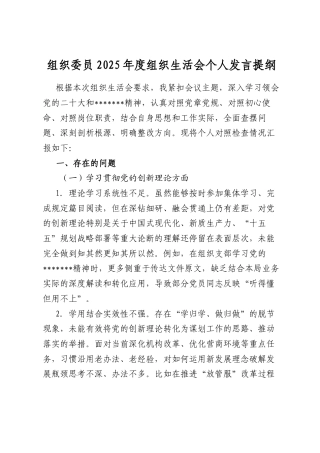 组织委员2025年度组织生活会个人发言提纲