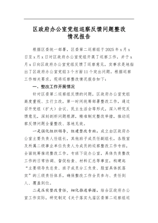 区政府办公室党组巡察反馈问题整改情况报告