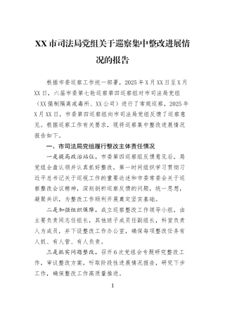 XX市司法局党组关于巡察集中整改进展情况的报告