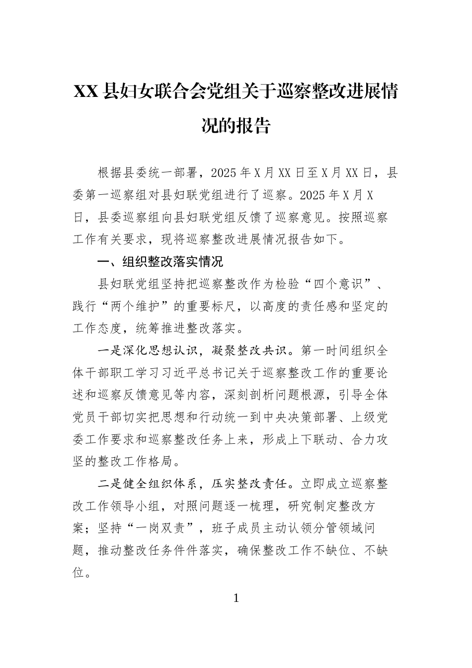XX县妇女联合会党组关于巡察整改进展情况的报告_第1页