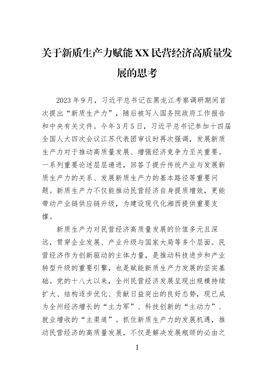关于新质生产力赋能XX民营经济高质量发展的思考_第1页