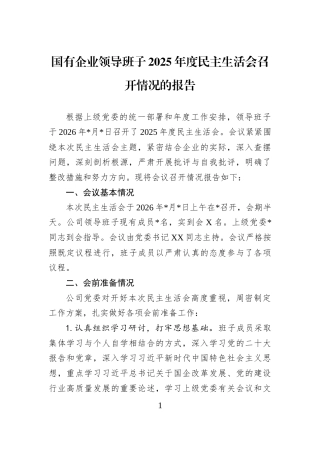 国有企业领导班子2025年度民主生活会召开情况的报告