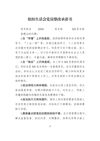 组织生活会党员整改承诺书