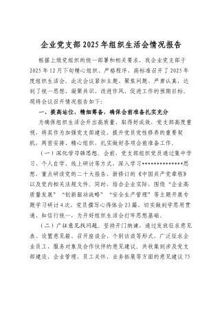 企业党支部2025年组织生活会情况报告