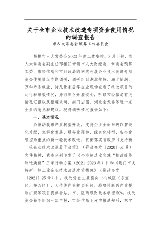 关于全市企业技术改造专项资金使用情况的调查报告