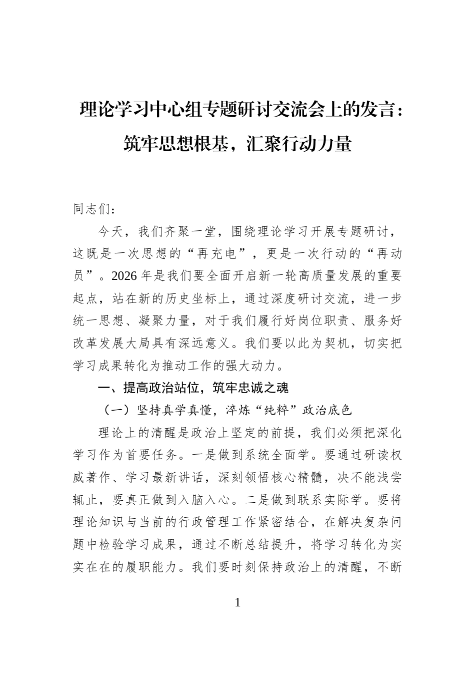 理论学习中心组专题研讨交流会上的发言：筑牢思想根基，汇聚行动力量_第1页