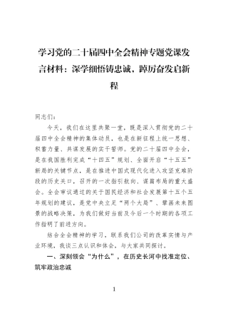 学习党的二十届四中全会精神专题党课发言材料：深学细悟铸忠诚，踔厉奋发启新程