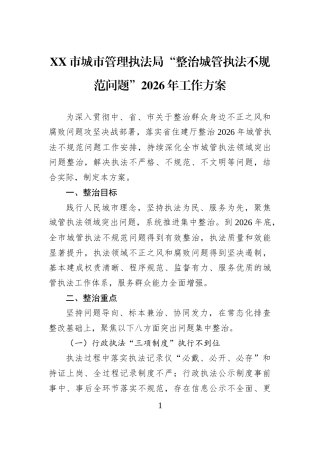 XX市城市管理执法局“整治城管执法不规范问题”2026年工作方案