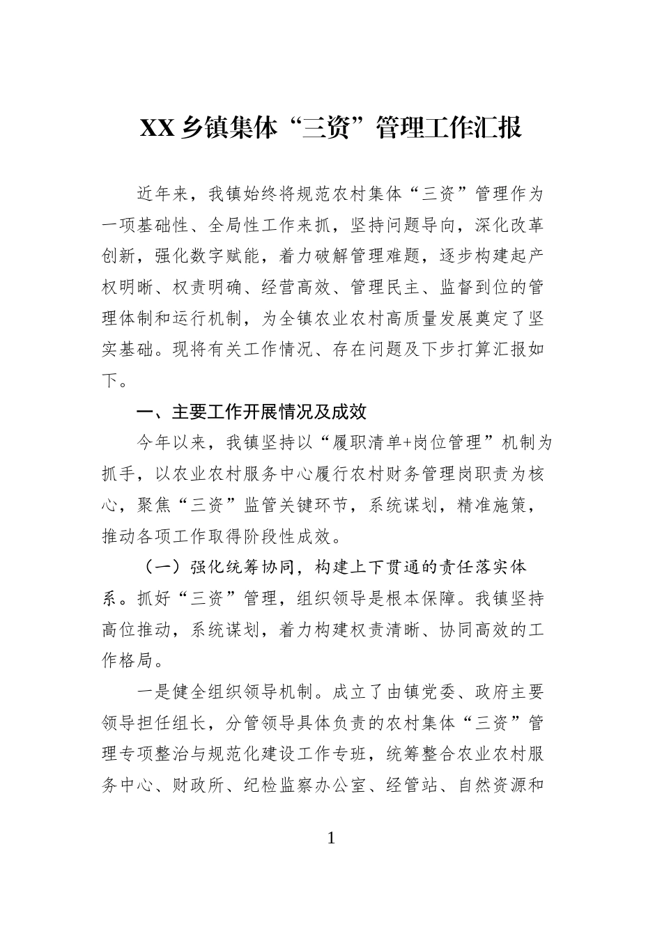 XX乡镇集体“三资”管理工作汇报_第1页