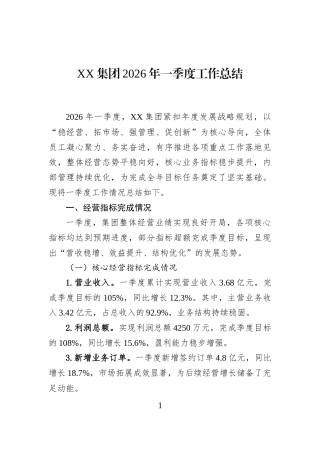 XX集团2026年一季度工作总结