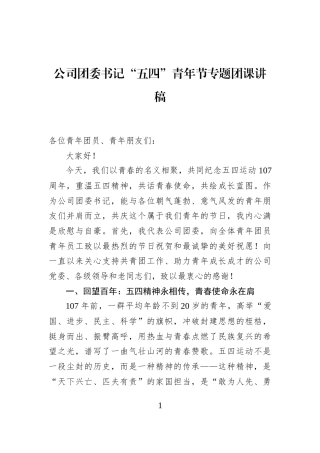 公司团委书记“五四”青年节专题团课讲稿