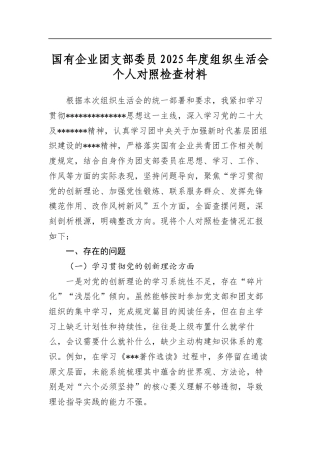 国有企业团支部委员2025年度组织生活会个人对照检查材料