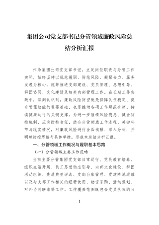 集团公司党支部书记分管领域廉政风险总结分析汇报