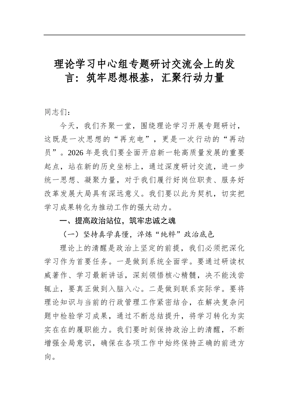 理论学习中心组专题研讨交流会上的发言：筑牢思想根基，汇聚行动力量_第1页