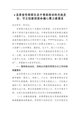 X县委宣传部部长在中青班培训的交流发言：守正创新担使命凝心聚力奏强音