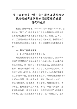 关于区委涉企“第三方”服务及基层行政执法领域突出问题专项巡察整改进展情况的报告