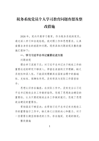 税务系统党员个人学习教育问题查摆及整改措施