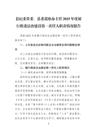 县纪委常委、县委巡察办主任2025年度履行推进法治建设第一责任人职责情况报告
