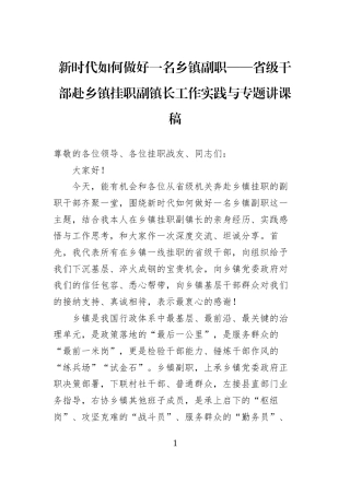新时代如何做好一名乡镇副职——省级干部赴乡镇挂职副镇长工作实践与专题讲课稿
