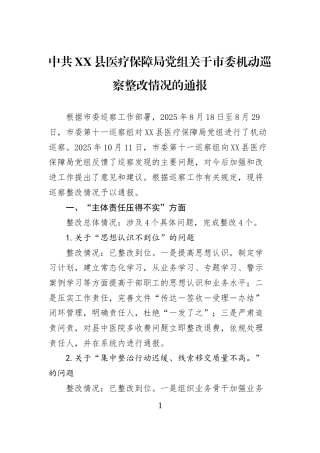 中共XX县医疗保障局党组关于市委机动巡察整改情况的通报