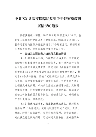 中共XX县医疗保障局党组关于巡察整改进展情况的通报