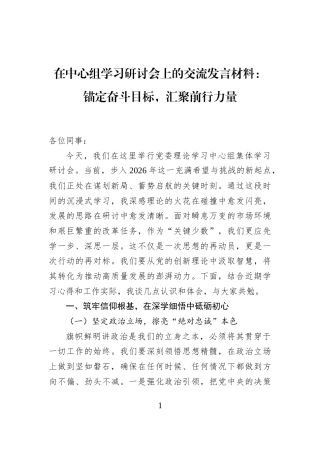 在中心组学习研讨会上的交流发言材料：锚定奋斗目标，汇聚前行力量