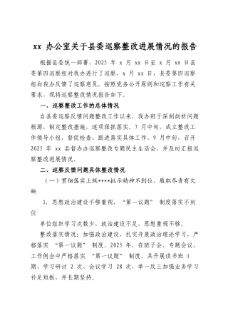 办公室关于县委巡察整改进展情况的报告