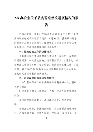 XX办公室关于县委巡察整改进展情况的报告