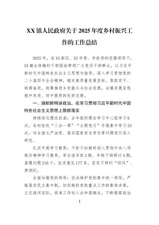 XX镇人民政府关于2025年度乡村振兴工作的工作总结