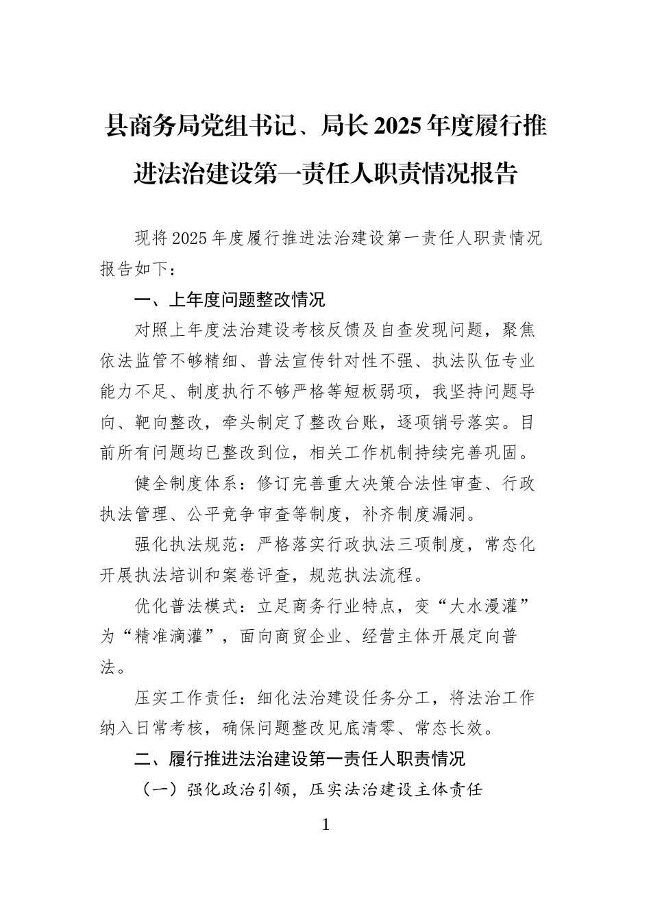 县商务局党组书记、局长2025年度履行推进法治建设第一责任人职责情况报告_第1页