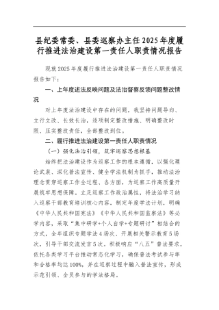 县纪委常委、县委巡察办主任2025年度履行推进法治建设第一责任人职责情况报告