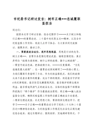 市纪委书记研讨发言：树牢正确政绩观忠诚履职显担当