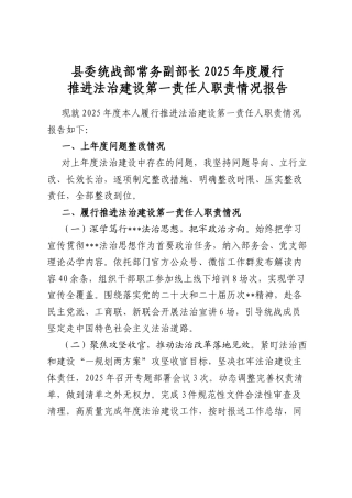 县委统战部常务副部长2025年度履行推进法治建设第一责任人职责情况报告
