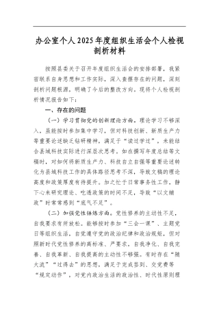 办公室个人2025年度组织生活会个人检视剖析材料