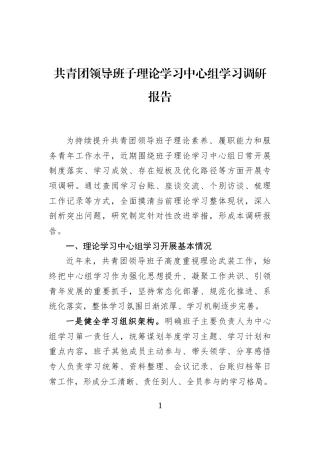 共青团领导班子理论学习中心组学习调研报告