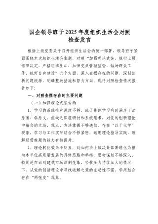 国企领导班子2025年度组织生活会对照检查发言