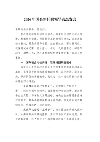 2026年国企新任职领导表态发言