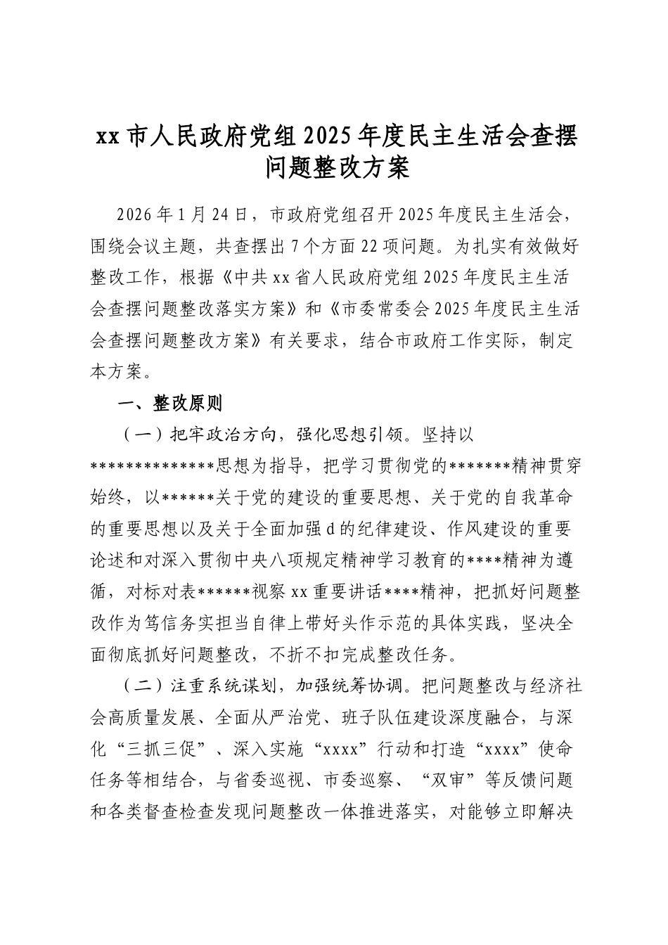 市人民政府党组2025年度民主生活会查摆问题整改方案_第1页