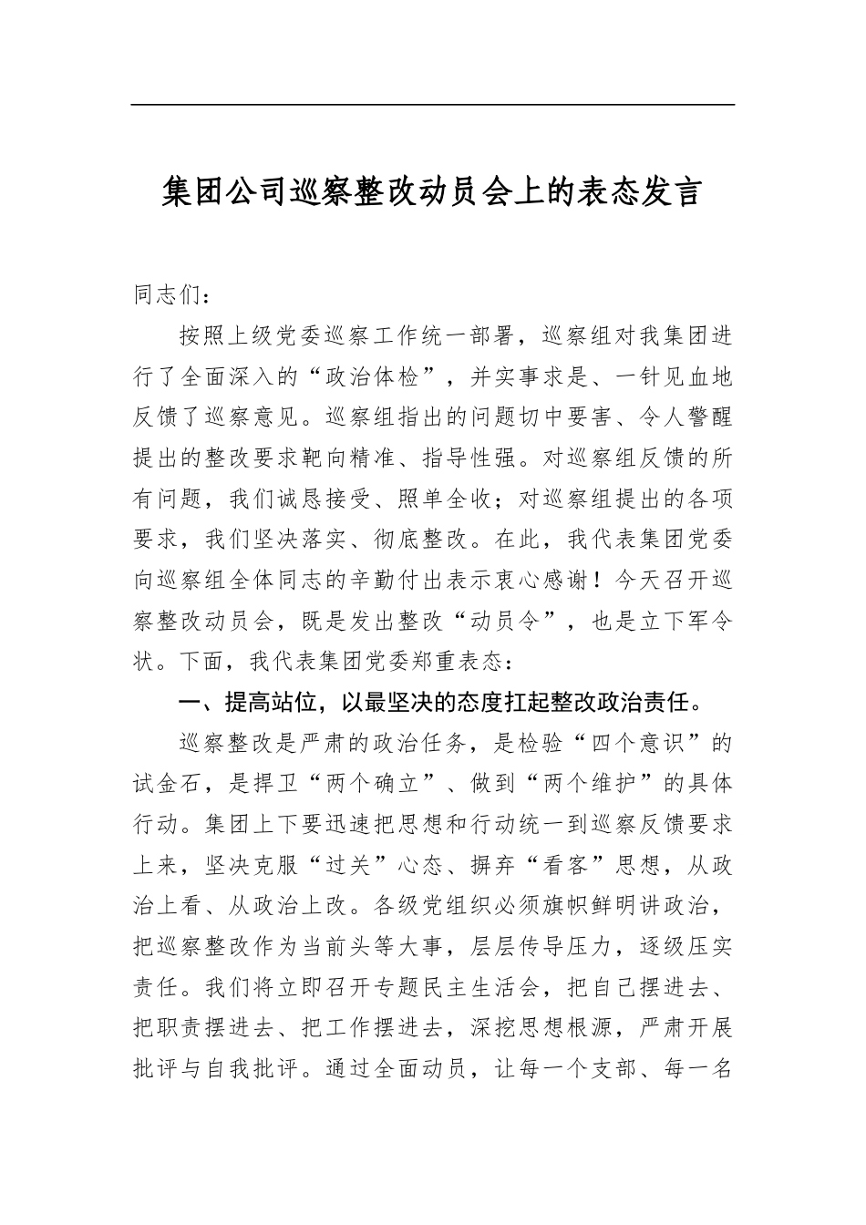 集团公司巡察整改动员会上的表态发言_第1页