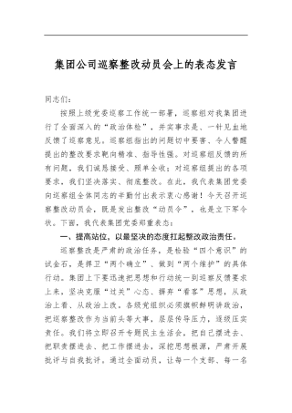 集团公司巡察整改动员会上的表态发言