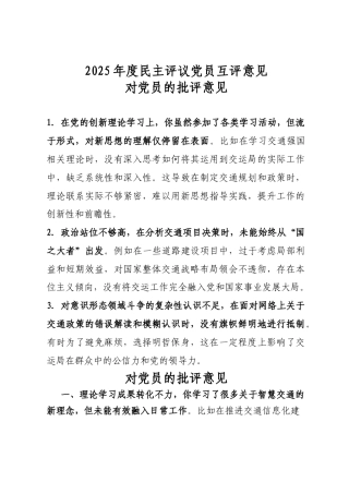 2025年度民主评议党员互评意见