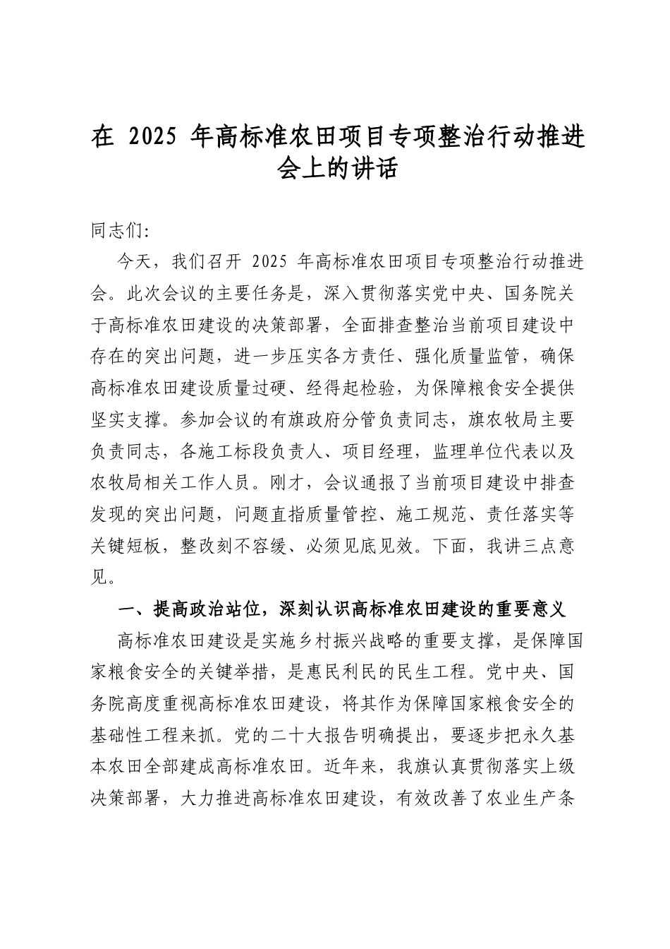 在2025年高标准农田项目专项整治行动推进会上的讲话_第1页