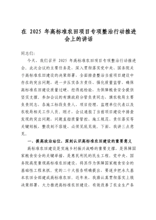 在2025年高标准农田项目专项整治行动推进会上的讲话