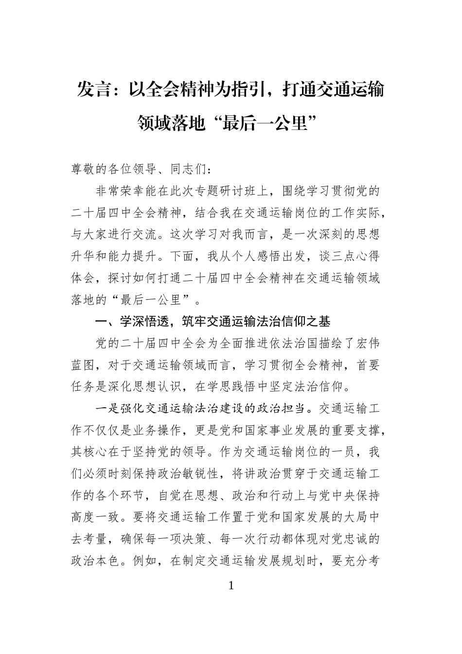发言：以全会精神为指引，打通交通运输领域落地“最后一公里”_第1页