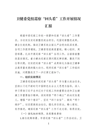 卫健委党组巡察“回头看”工作开展情况汇报