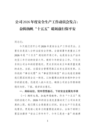 公司2026年度安全生产工作动员会发言：奋楫扬帆“十五五”砥砺前行保平安