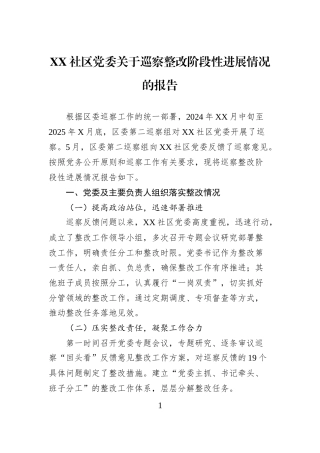XX社区党委关于巡察整改阶段性进展情况的报告
