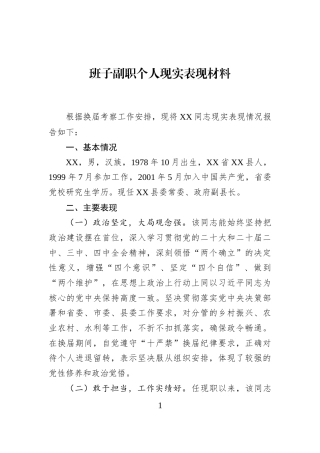 班子副职个人现实表现材料