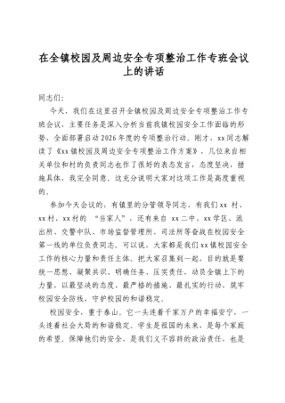 在全镇校园及周边安全专项整治工作专班会议上的讲话