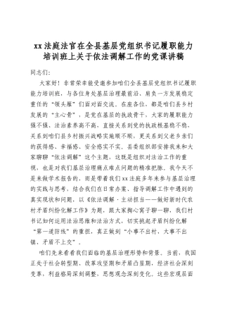 法庭法官在全县基层党组织书记履职能力培训班上关于依法调解工作的党课讲稿